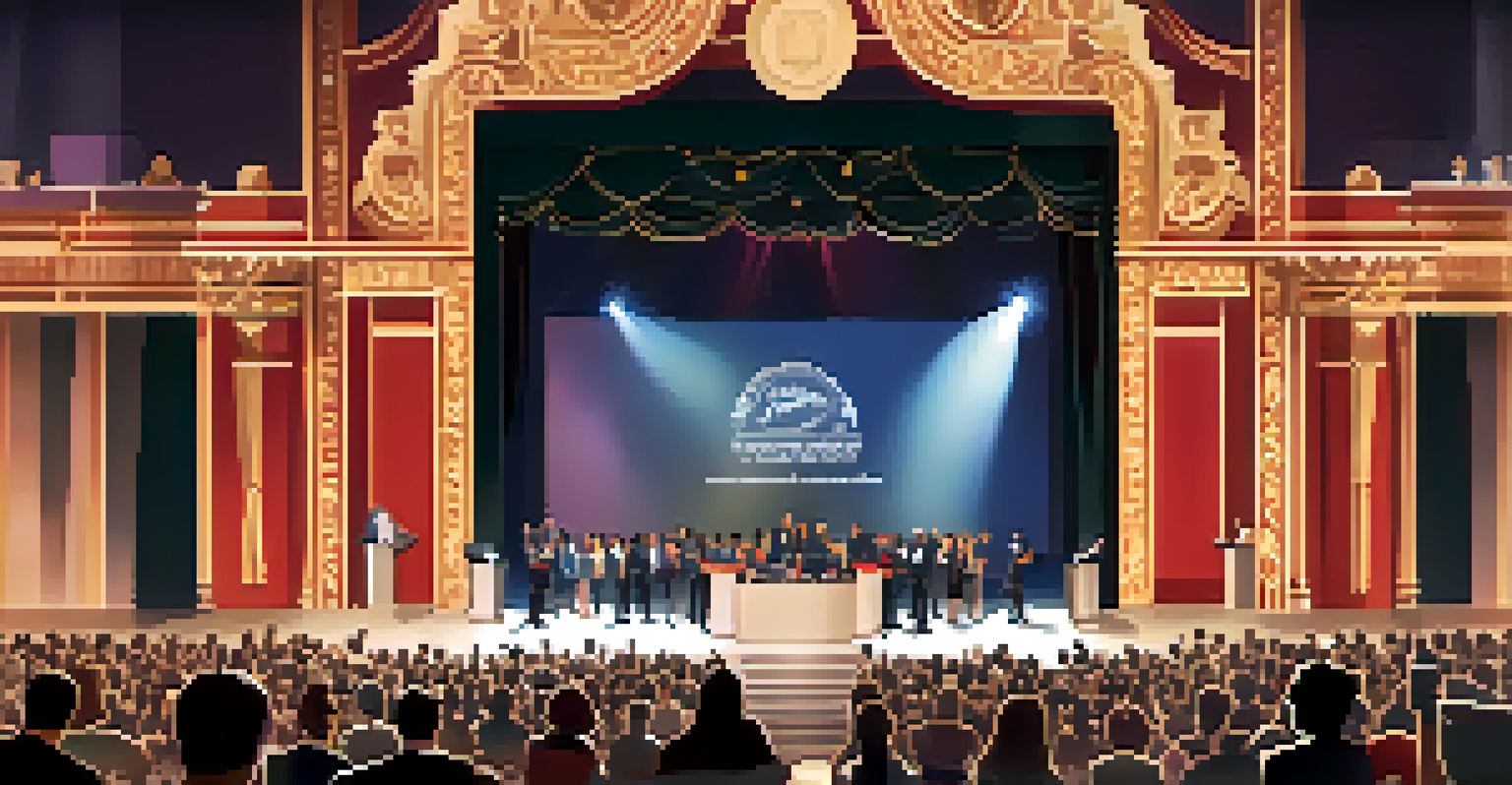 A filmmaker on stage at an awards ceremony holding a trophy, with an applauding audience and festival logo displayed in the background.