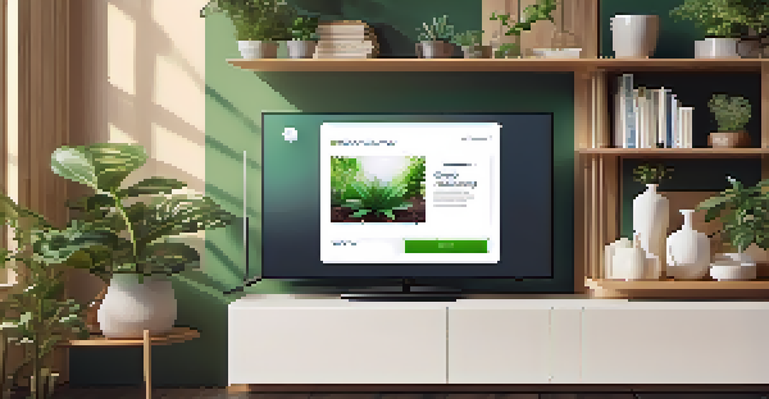 A digital device with a streaming service interface emphasizing eco-friendly initiatives in a cozy living room.