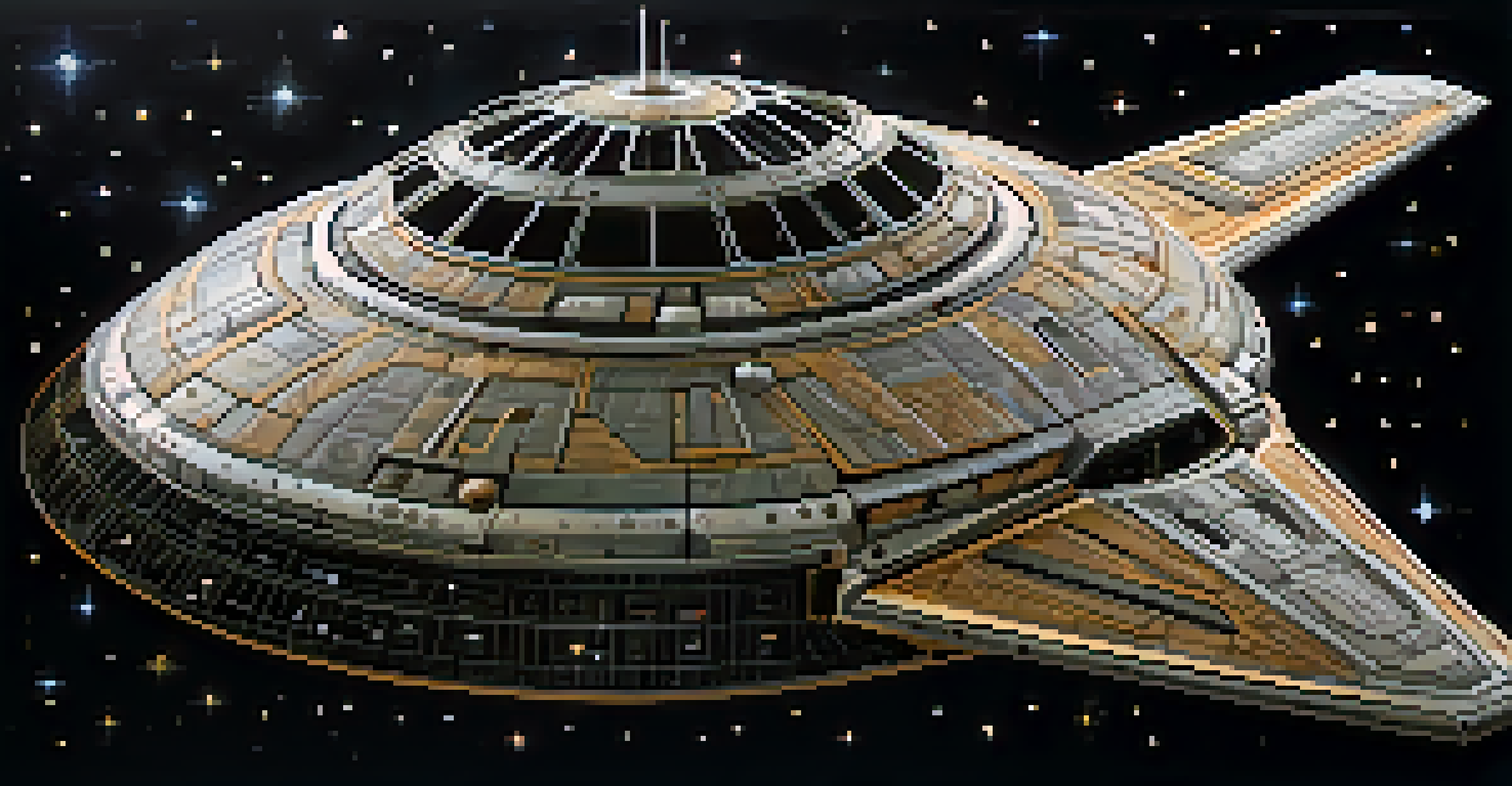 A close-up of a detailed miniature spaceship against a starry background.