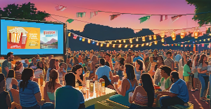 A lively film festival with a diverse audience enjoying outdoor screenings, illuminated by colorful lights.