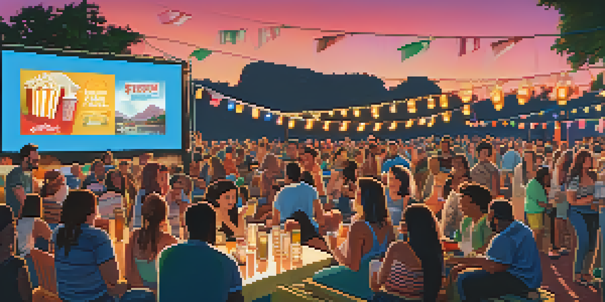 A lively film festival with a diverse audience enjoying outdoor screenings, illuminated by colorful lights.