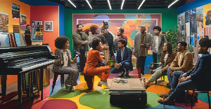 A diverse group of filmmakers collaborating on a project in a well-lit studio filled with cameras and colorful props.