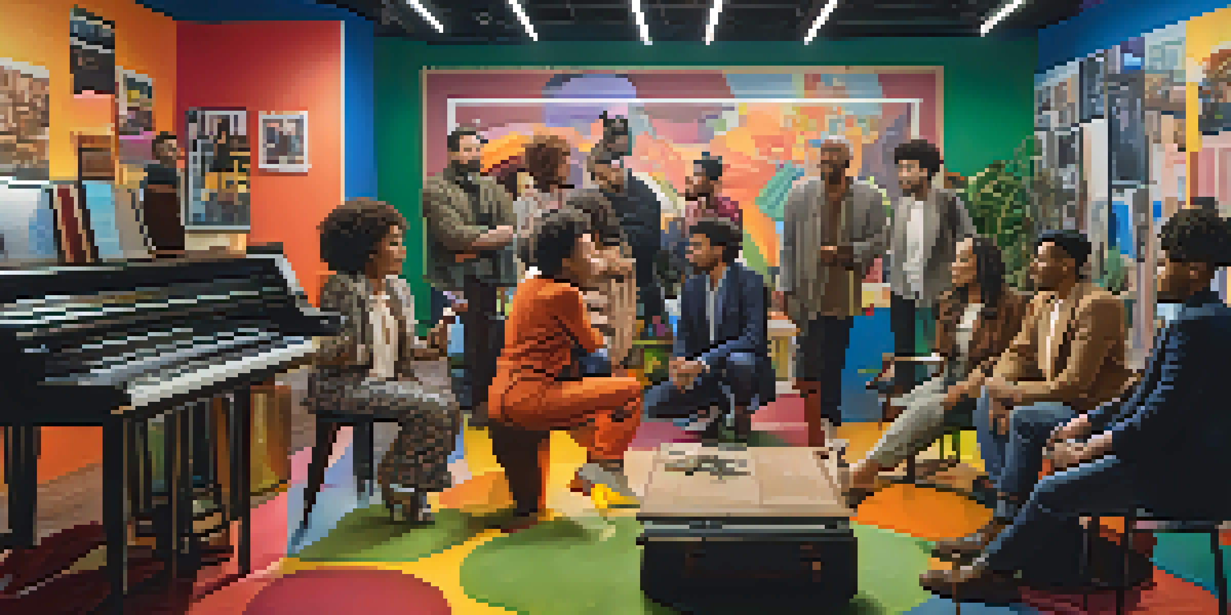 A diverse group of filmmakers collaborating on a project in a well-lit studio filled with cameras and colorful props.