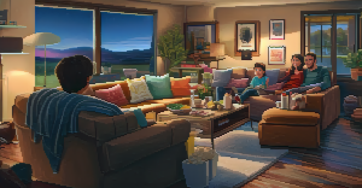 A family enjoying a movie night in a cozy living room with a colorful animated film on the screen.