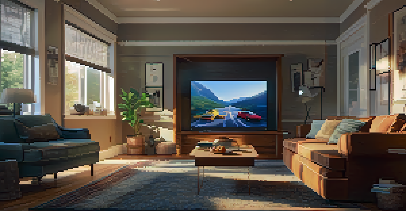 A cozy modern living room with a flat-screen TV displaying a film trailer, complete with warm lighting and a bowl of popcorn on the table.