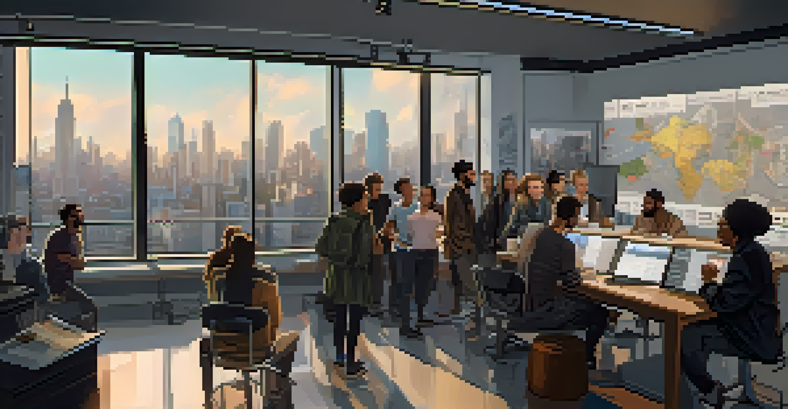 Filmmakers from various cultures collaborating in a studio, surrounded by storyboards and film equipment, with a city skyline in the background.