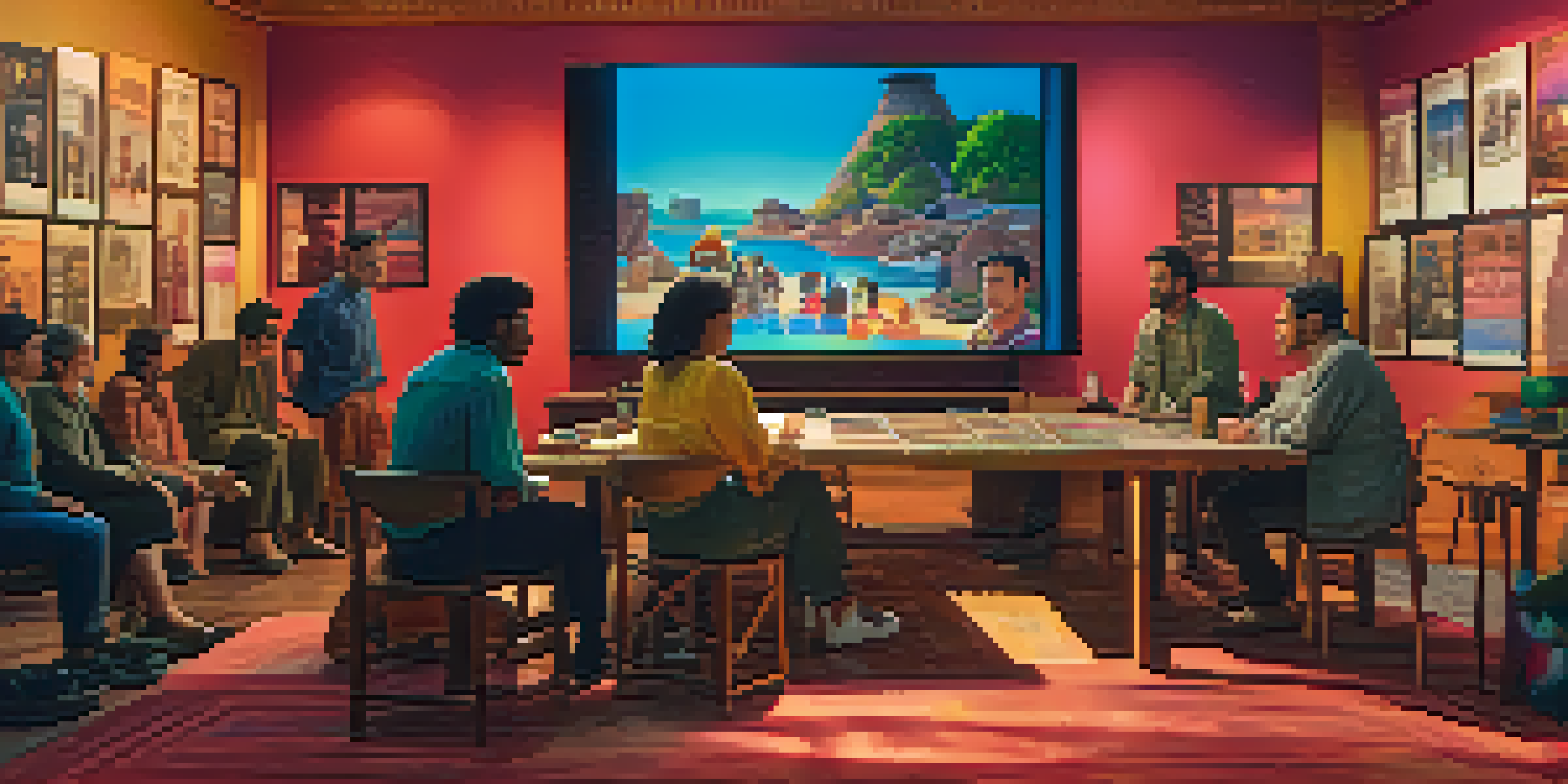 A diverse group of filmmakers engaged in a discussion on a film set, surrounded by colorful storyboards and cultural artifacts.