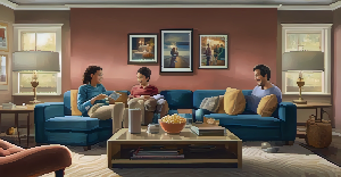 A family enjoying a movie night together in a warm and inviting living room, surrounded by soft lighting and cozy decor.