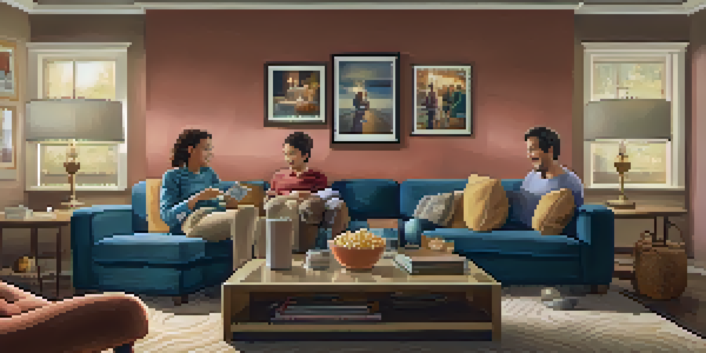 A family enjoying a movie night together in a warm and inviting living room, surrounded by soft lighting and cozy decor.