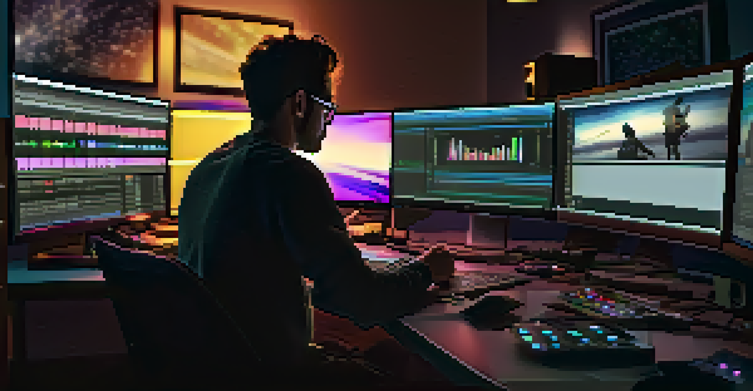 A close-up of a filmmaker editing at a digital workstation with multiple screens, surrounded by film reels and sound equipment in a dimly lit room.