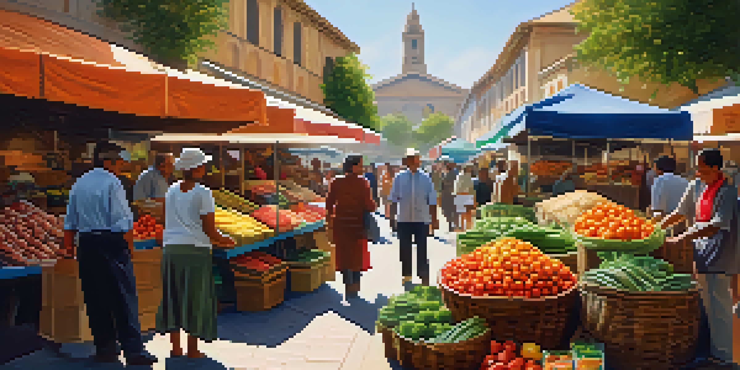 A lively marketplace with colorful stalls filled with fresh produce, bustling with shoppers under bright sunlight.