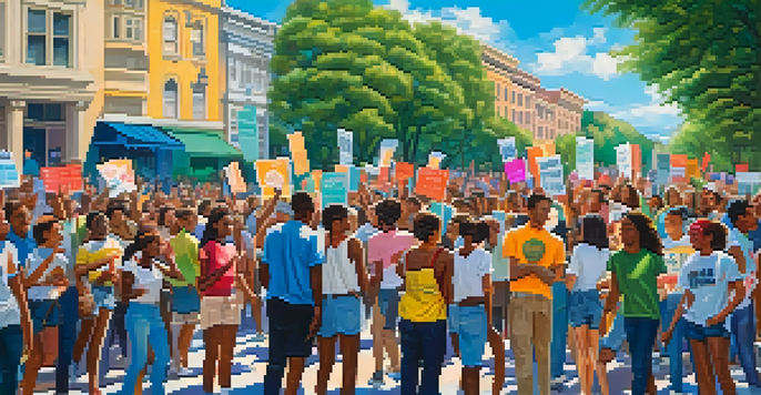 A diverse group of young people at a political rally, holding colorful signs, surrounded by greenery and a bright sky.