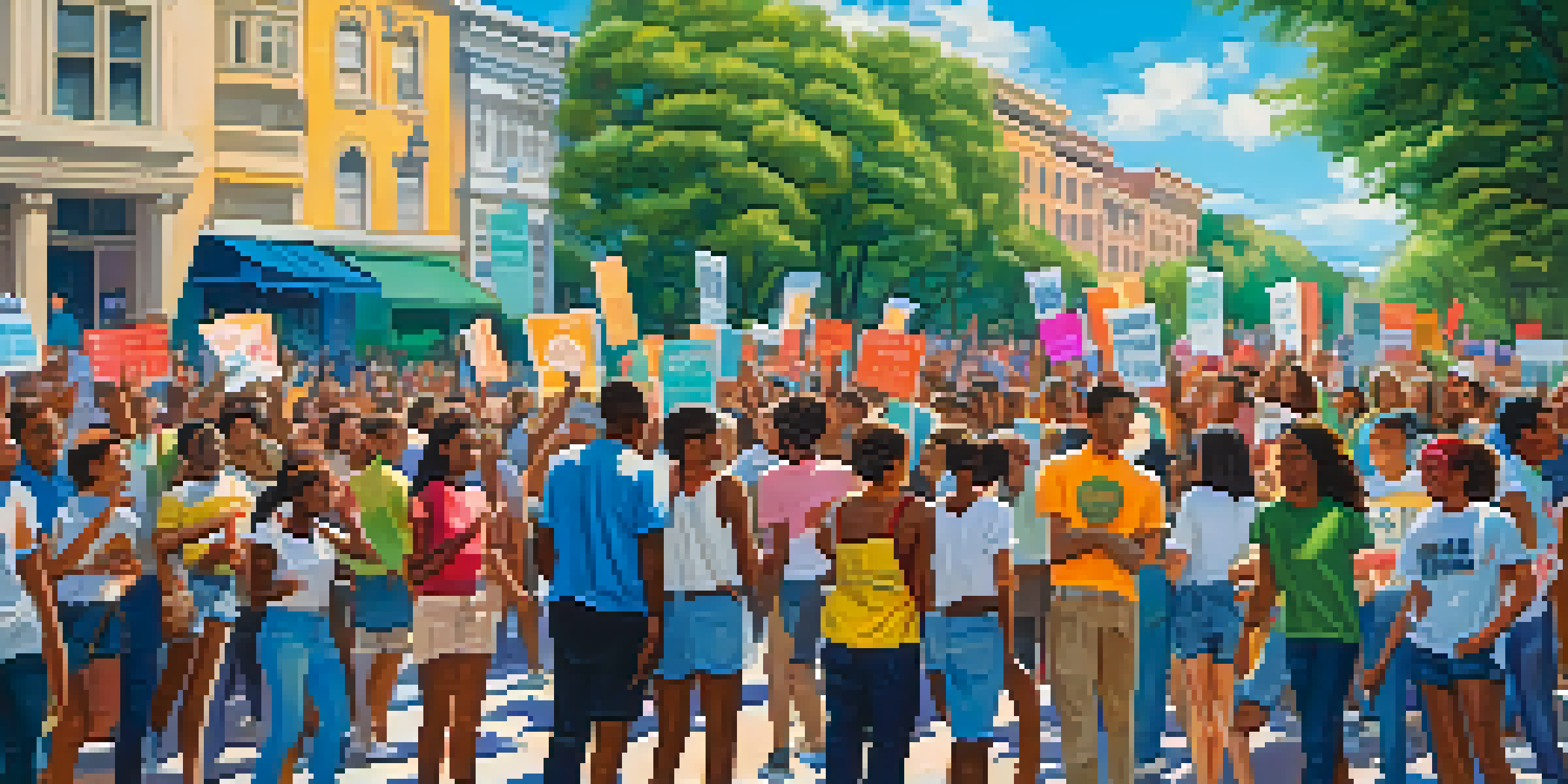 A diverse group of young people at a political rally, holding colorful signs, surrounded by greenery and a bright sky.