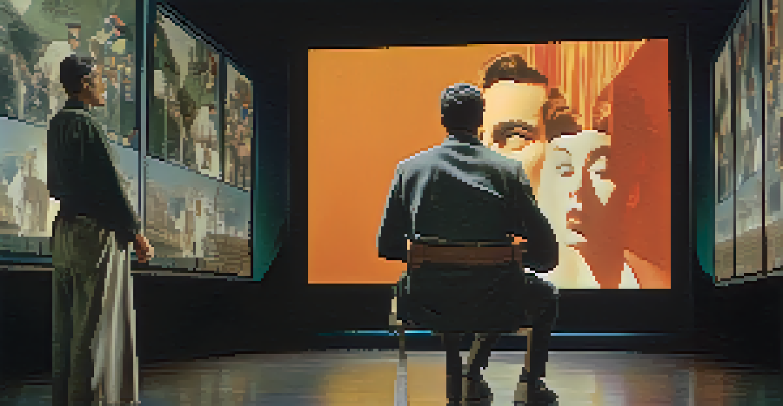 A split image showing a documentary narrator and historical footage on one side, and a dramatized movie scene with actors on the other.
