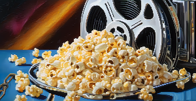 A film reel with colorful reflections, surrounded by popcorn and a vintage projector, in a warm-lit setting.