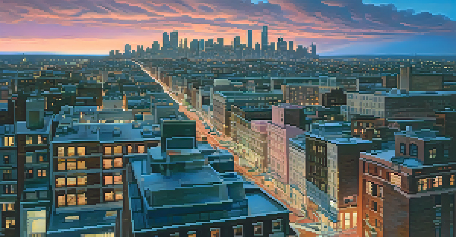 A bustling city at twilight with vibrant lights and a colorful sky.