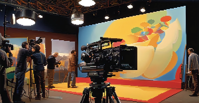 A film set bustling with activity, with a director giving instructions and a cameraman adjusting equipment, illuminated by soft lighting.