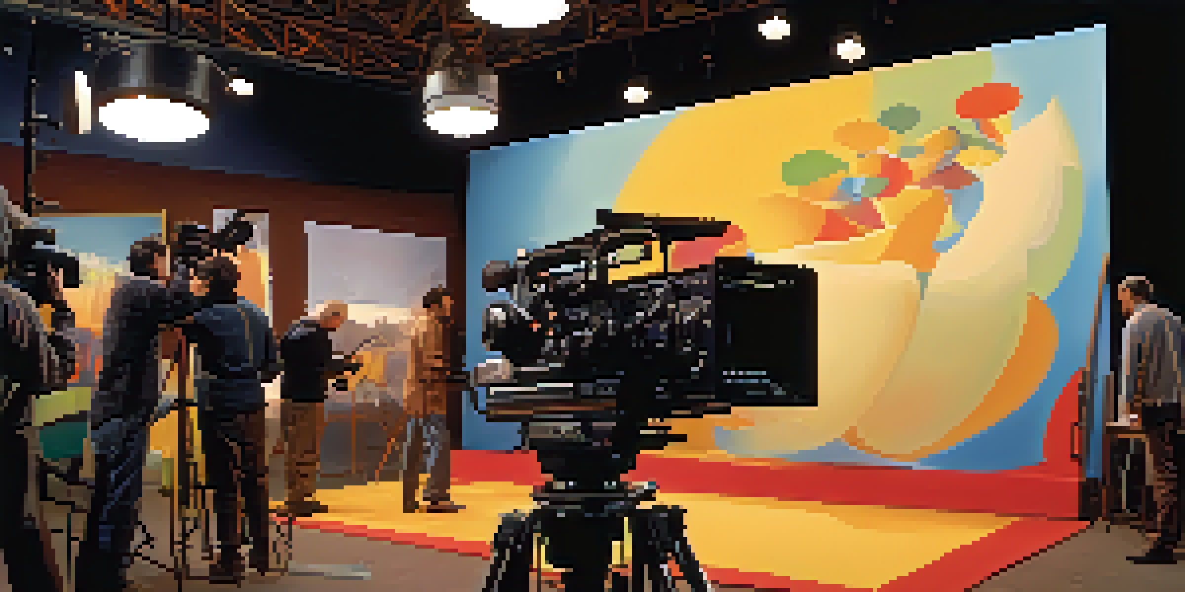 A film set bustling with activity, with a director giving instructions and a cameraman adjusting equipment, illuminated by soft lighting.