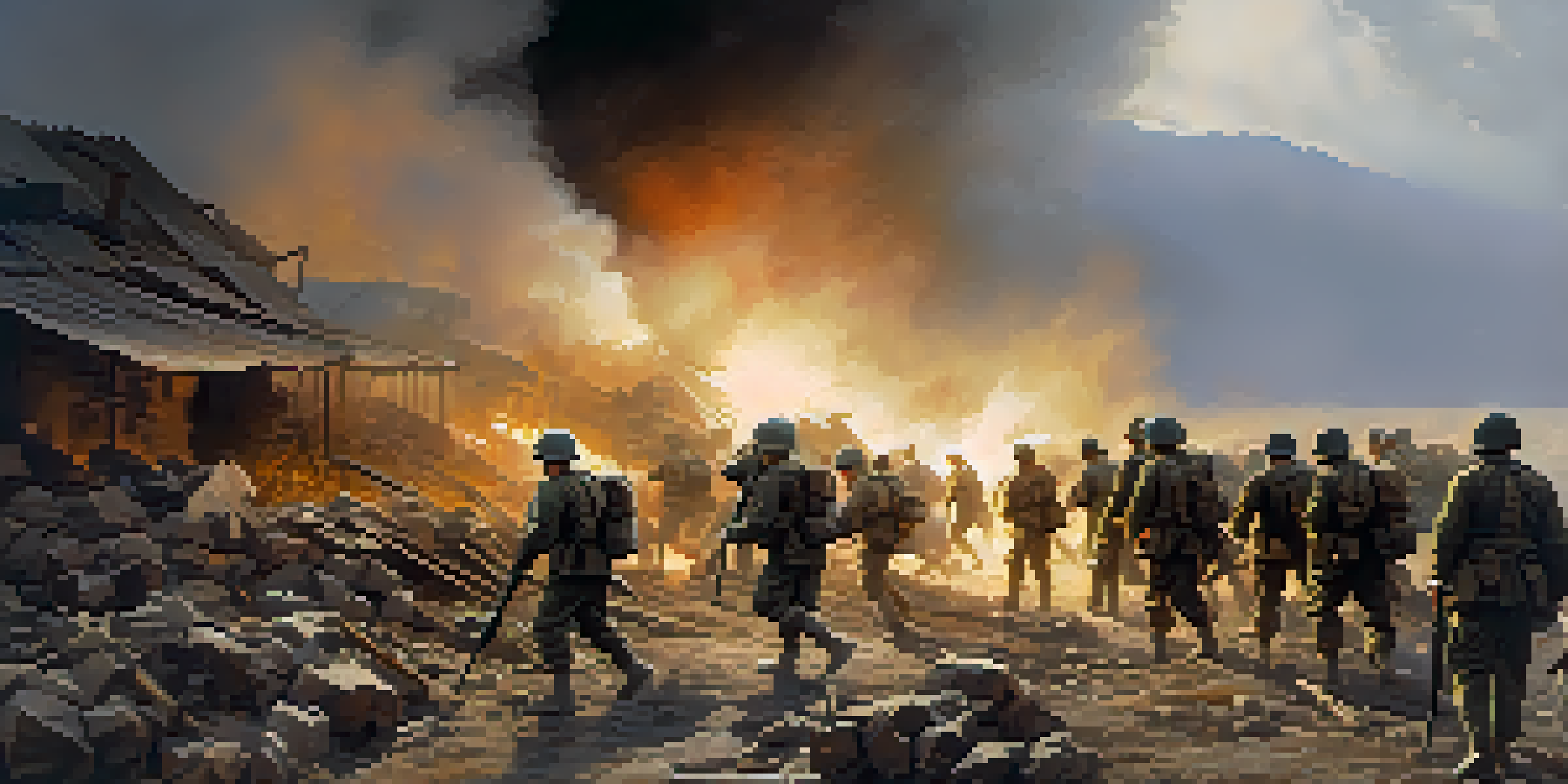 A group of soldiers in military gear navigating a war-torn landscape, with smoke and debris around them.