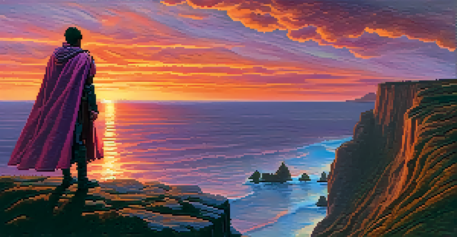 A silhouette of a protagonist in a flowing cape standing on a cliff at sunset, overlooking a colorful ocean horizon.