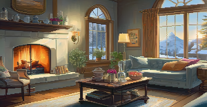 A warm and inviting living room with a sofa, fireplace, and snowy landscape outside the window.