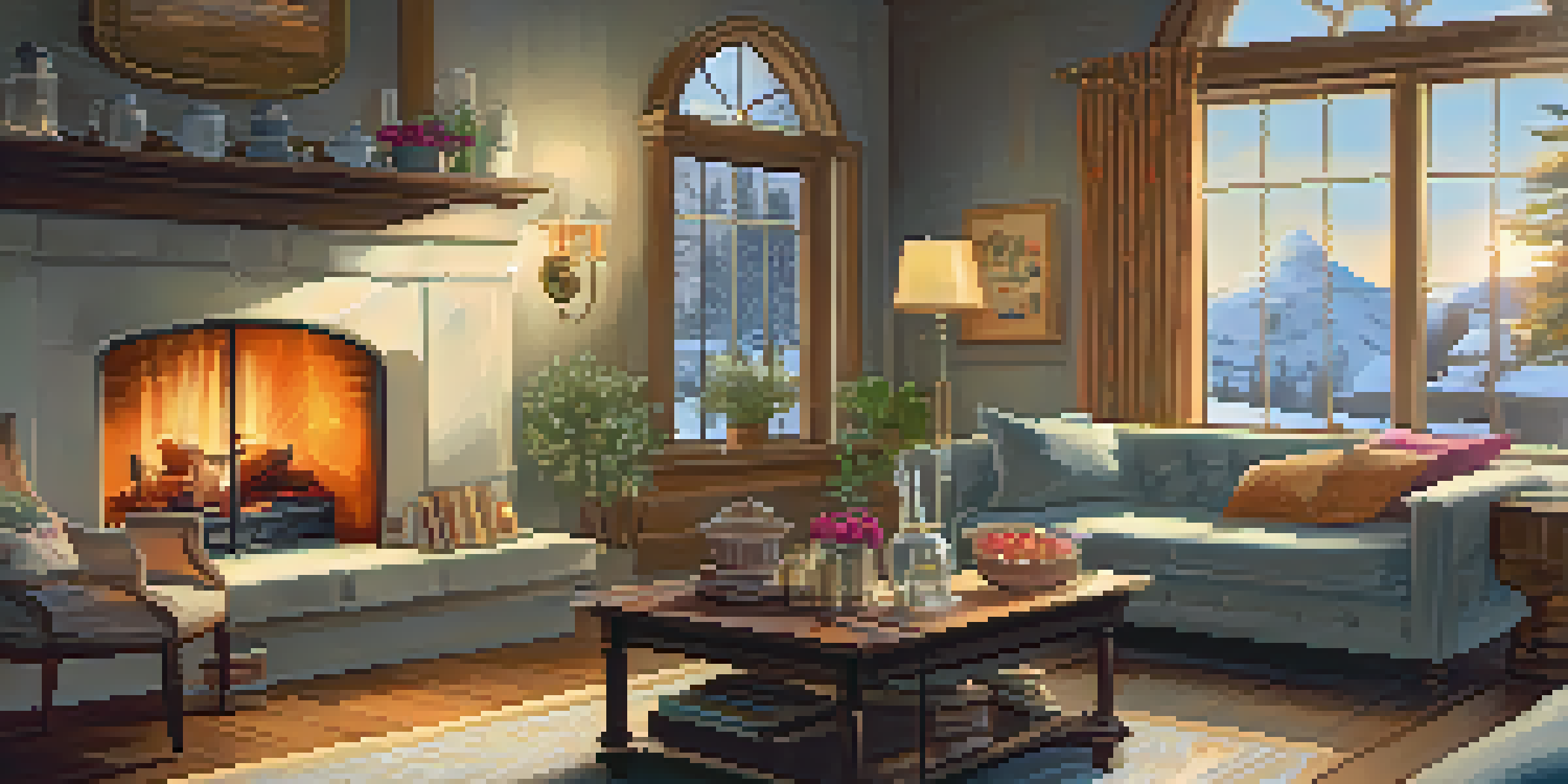 A warm and inviting living room with a sofa, fireplace, and snowy landscape outside the window.