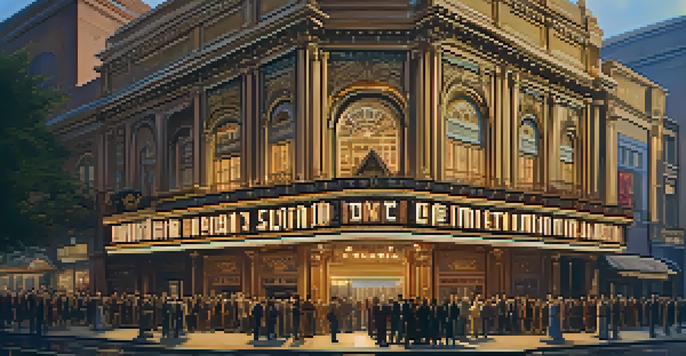 A vintage cinema facade from the late 19th century, with elegantly dressed people gathered outside in a warm, inviting atmosphere.