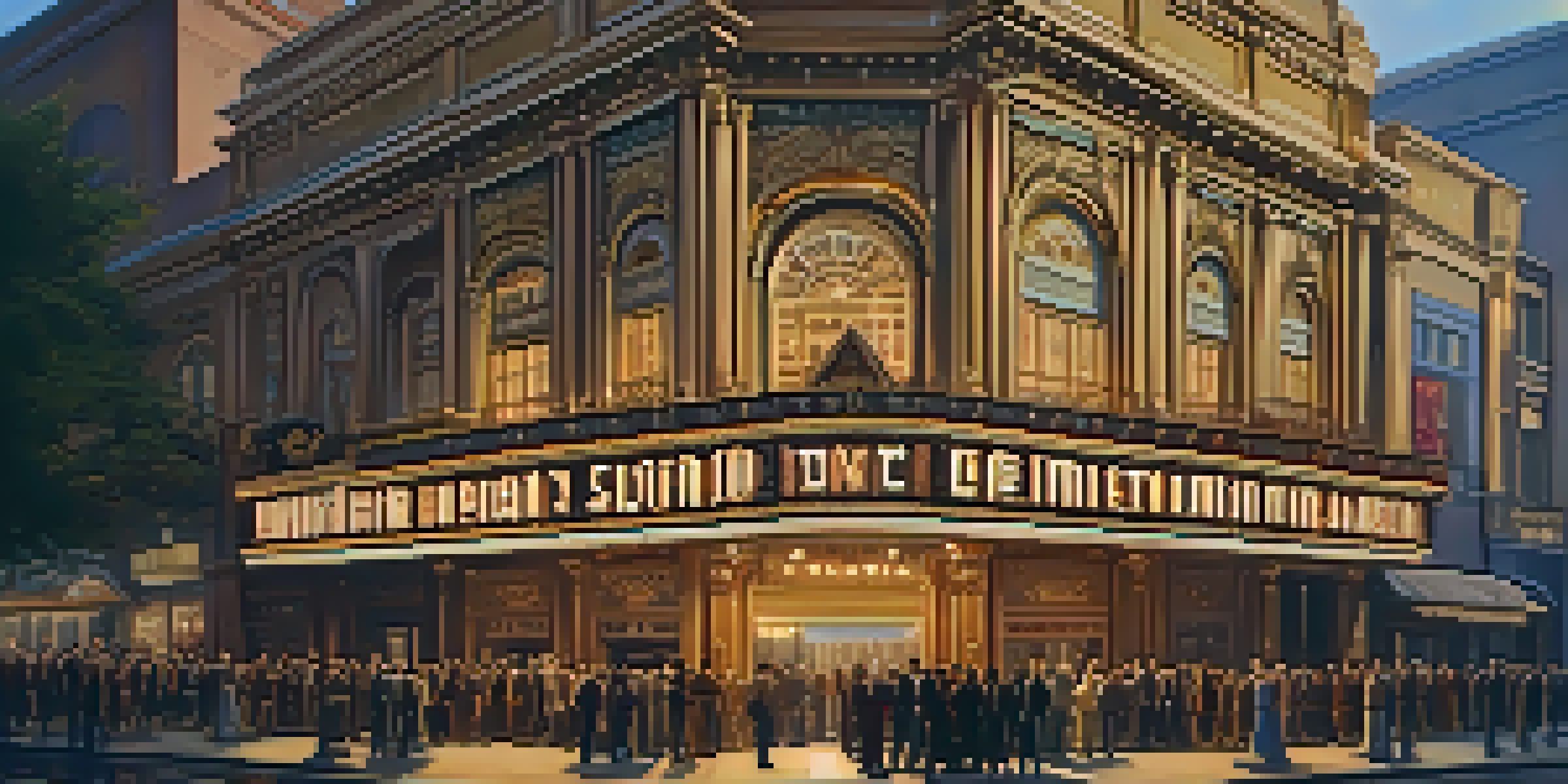 A vintage cinema facade from the late 19th century, with elegantly dressed people gathered outside in a warm, inviting atmosphere.