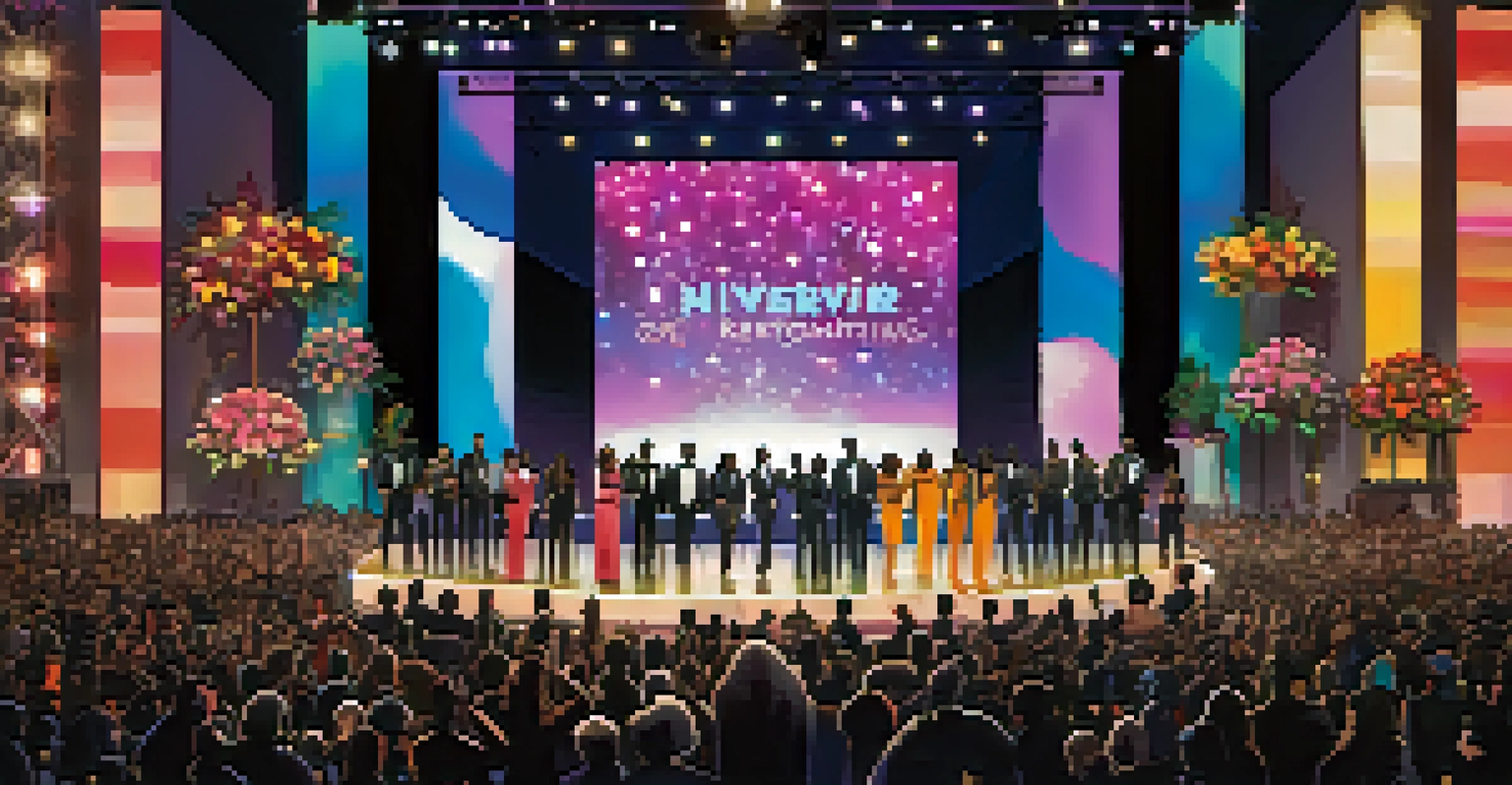 A colorful stage at an award show with diverse nominees displayed, and an engaged audience symbolizing inclusivity and representation.