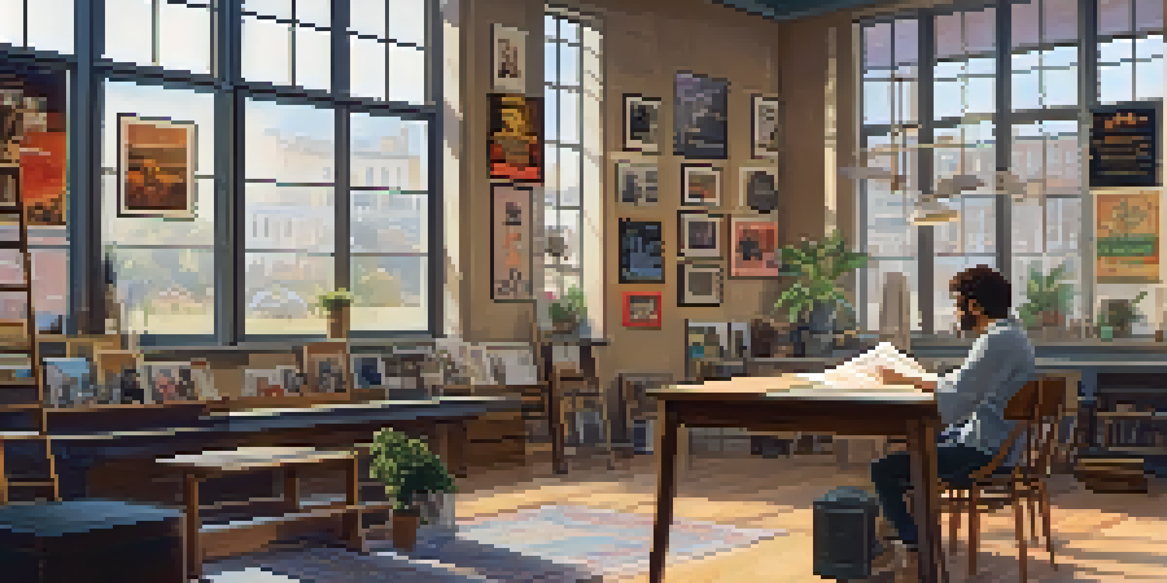 A casting director in a well-lit studio surrounded by film posters, reviewing headshots and scripts on a wooden table.