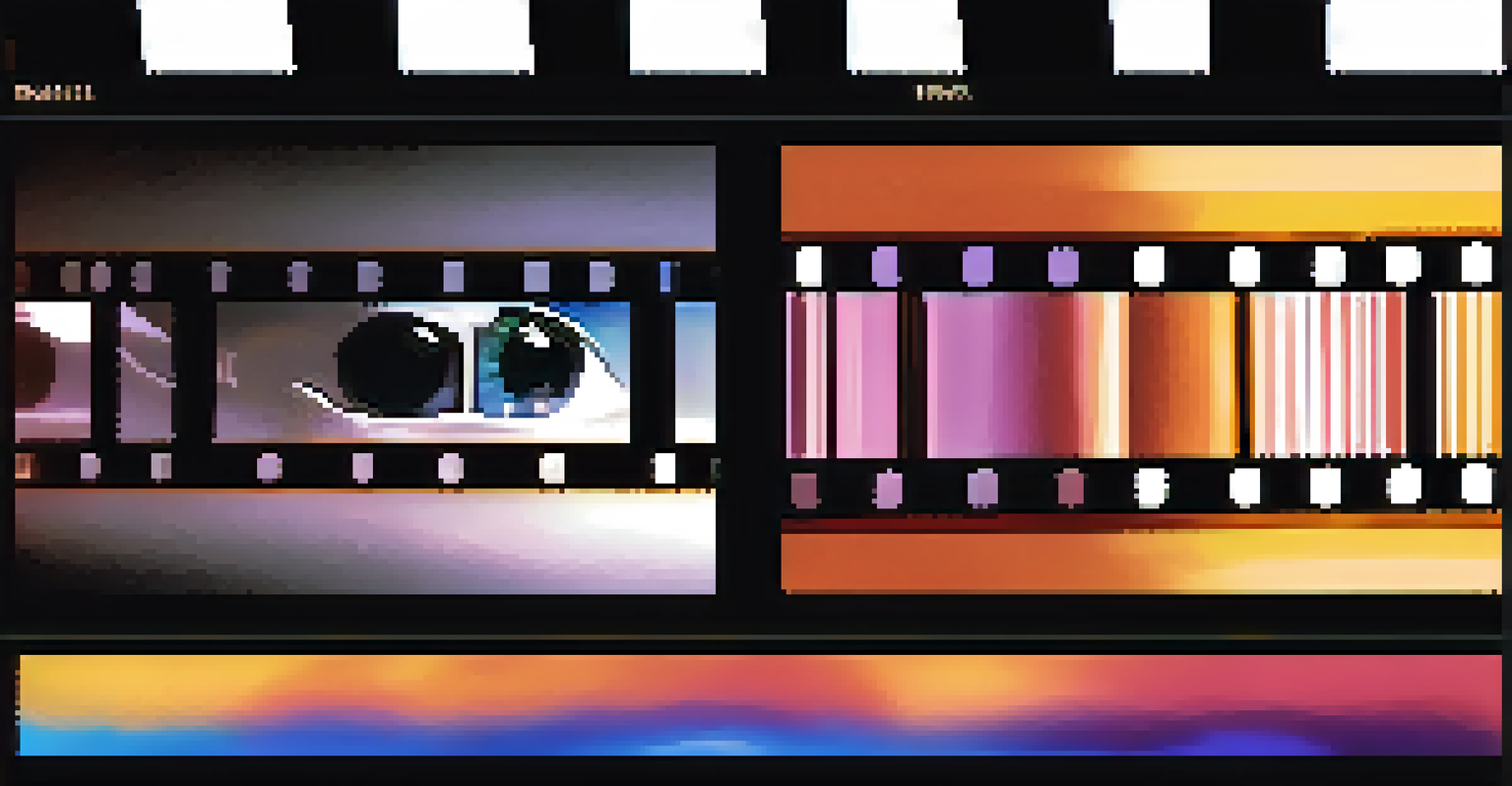 A close-up of a film strip being restored on a computer screen, with vibrant colors and classic film scenes in the background.