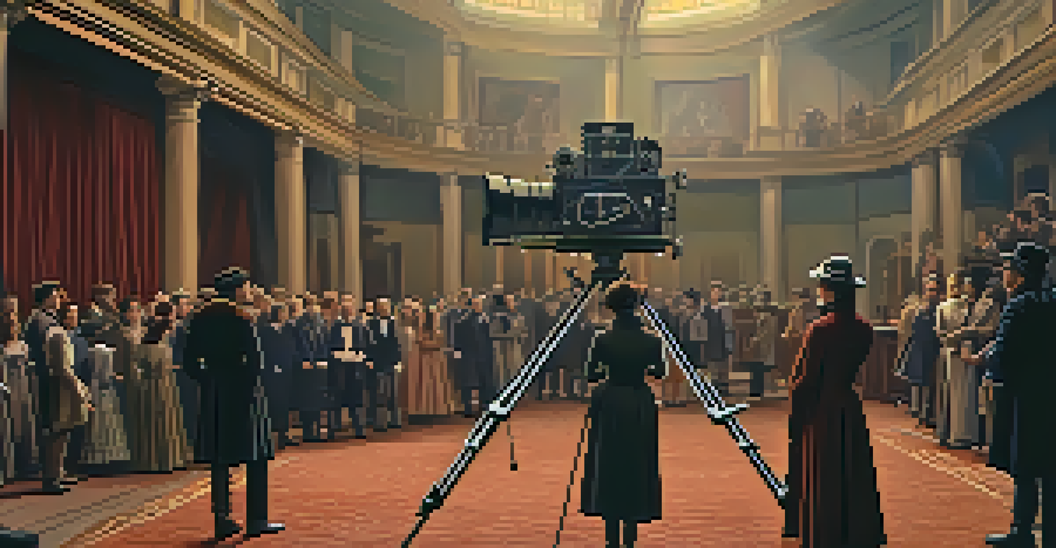 A film set with actors in period costumes and a large camera, showcasing a historical backdrop.