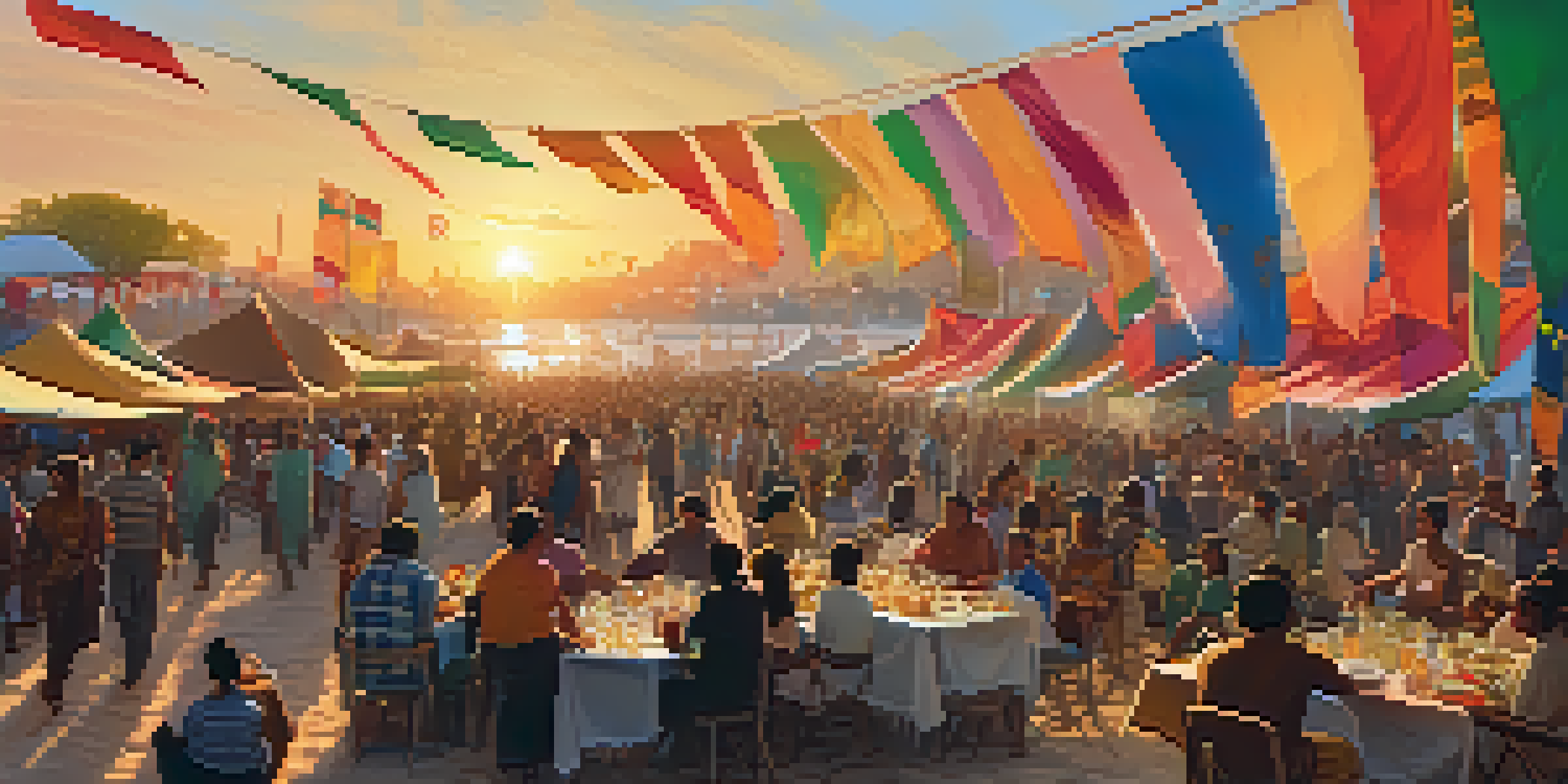 A lively outdoor film festival with people of different cultures watching a screen, surrounded by colorful flags and food stalls, illuminated by the sunset.