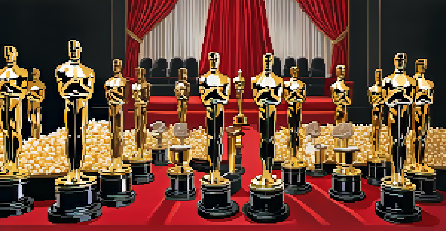 An artistic collage of Oscar statuettes, film reels, and popcorn on a red carpet background with a spotlight effect.