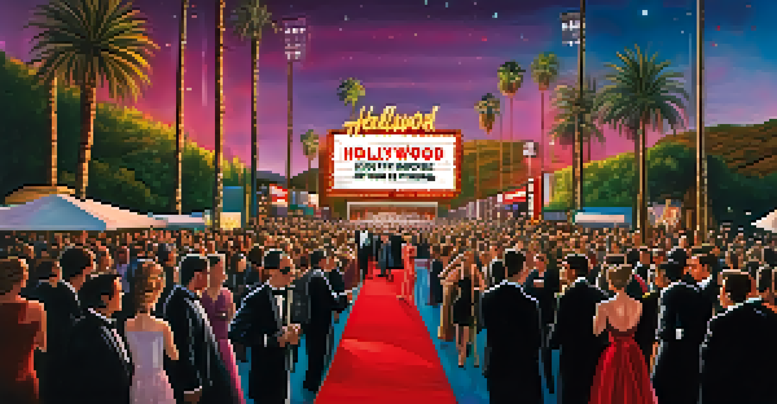 A glamorous film premiere with local stars on a red carpet, surrounded by excited fans and bright camera flashes.