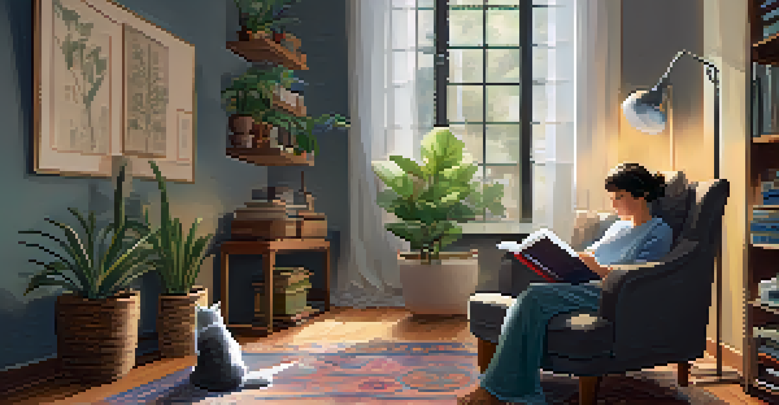 A serene living room scene with an individual with a disability reading a book in a cozy armchair, surrounded by a warm and inviting atmosphere.