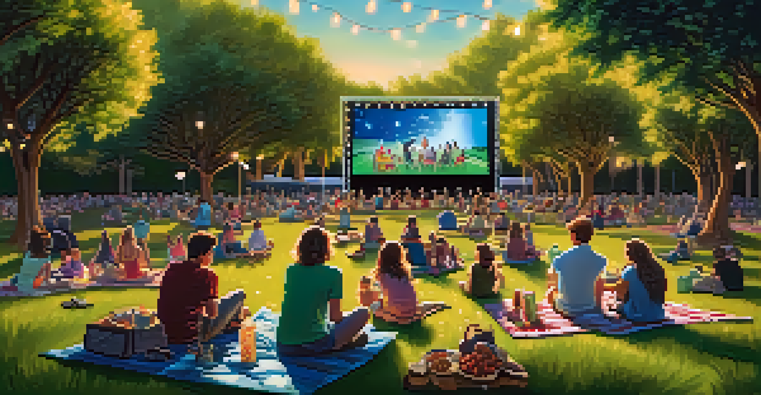 A cozy outdoor film festival in a park with people watching a movie on a big screen.