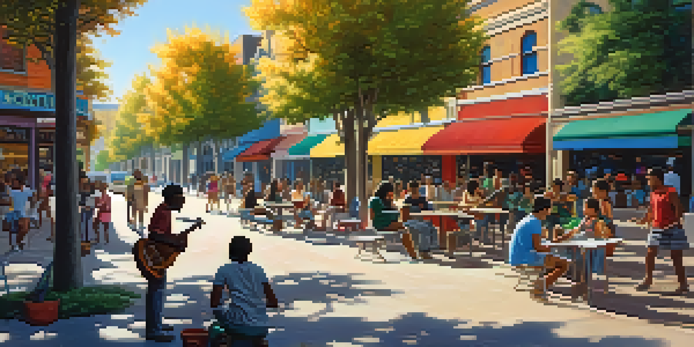 A lively urban street filled with people of various backgrounds enjoying art and music, surrounded by colorful murals.