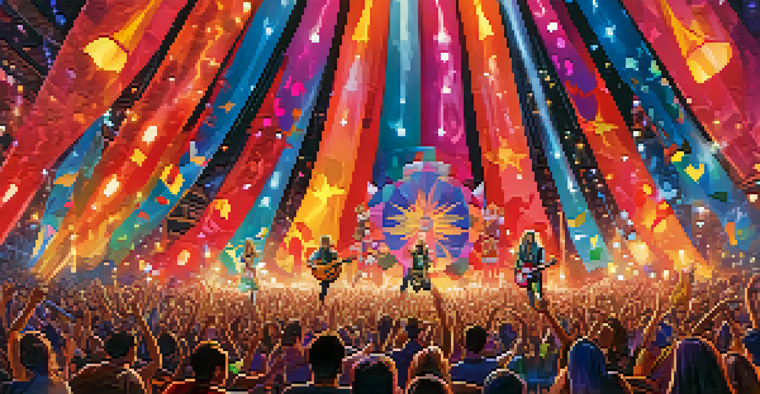 A live music festival performance with diverse artists, vibrant lights, and an enthusiastic crowd.