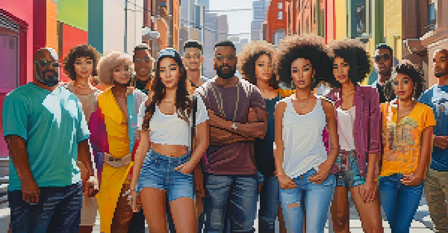 A diverse group of stylish individuals of various ethnic backgrounds and body types standing in an urban setting, surrounded by colorful street art.