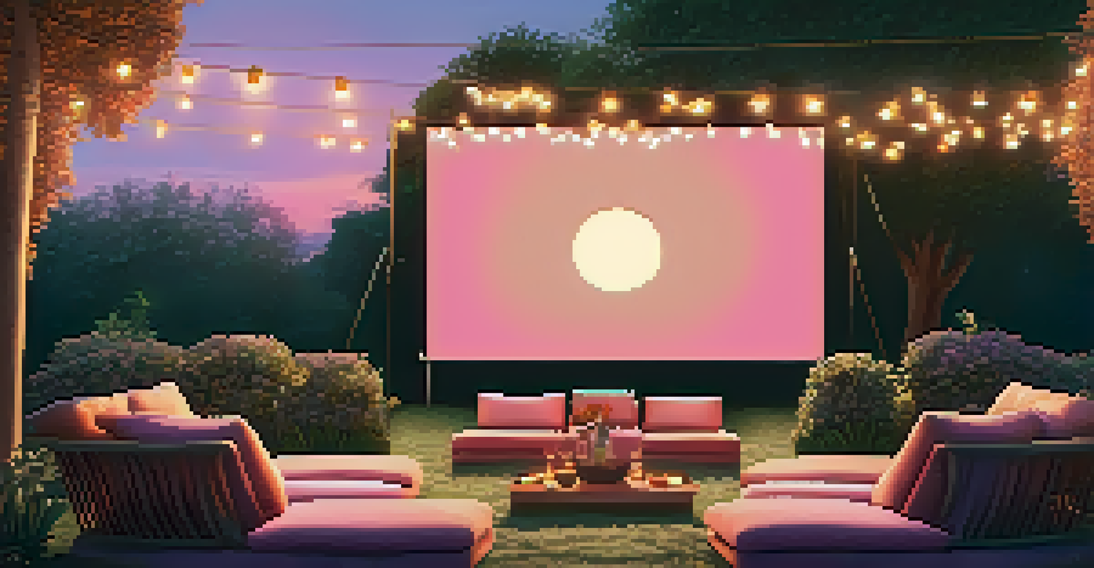 An outdoor cinema in a garden at sunset, showcasing a large screen with string lights and cozy seating.