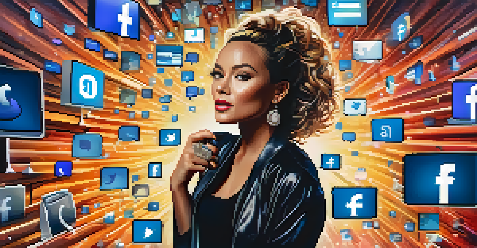 A celebrity in a spotlight surrounded by social media icons, symbolizing digital branding.