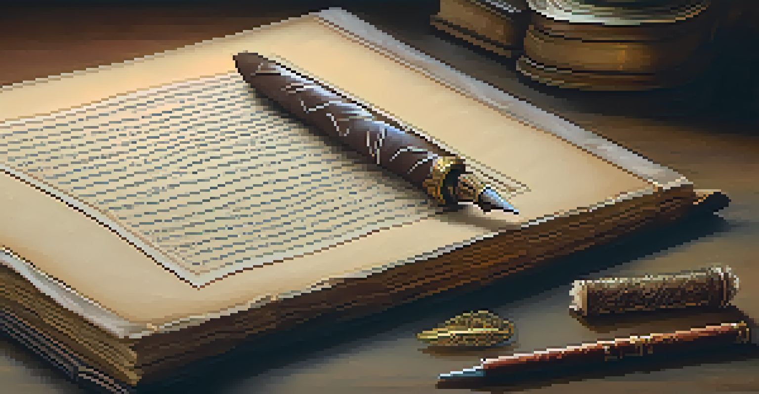A close-up of a quill pen on parchment with calligraphy, illuminated by soft candlelight, set on an antique wooden desk.