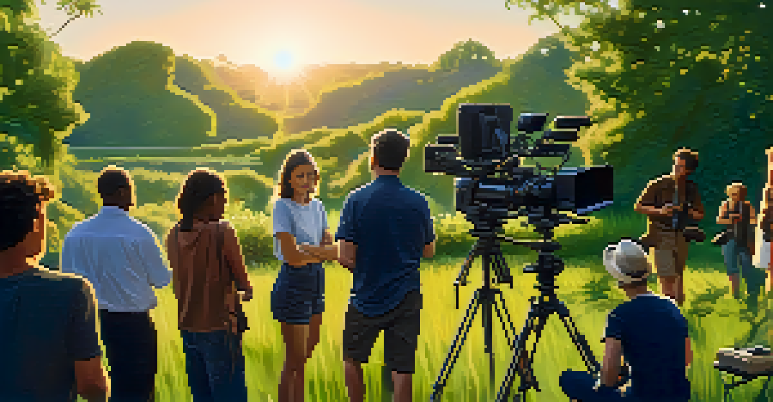 A small film crew filming in a lush outdoor setting during golden hour, showcasing teamwork and creativity.