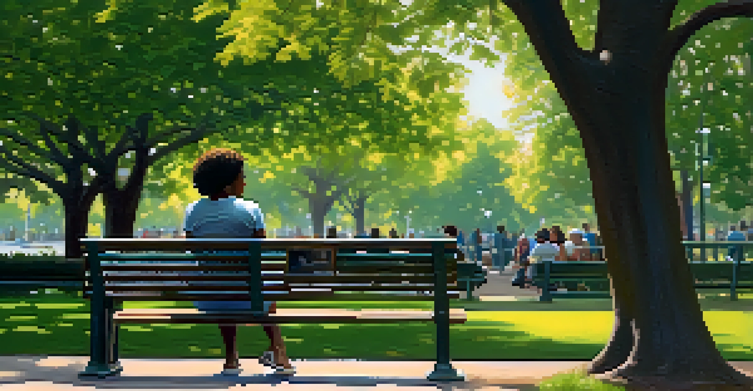 A bisexual woman of color reading a book on a park bench, surrounded by greenery and a diverse group of park-goers in the background.