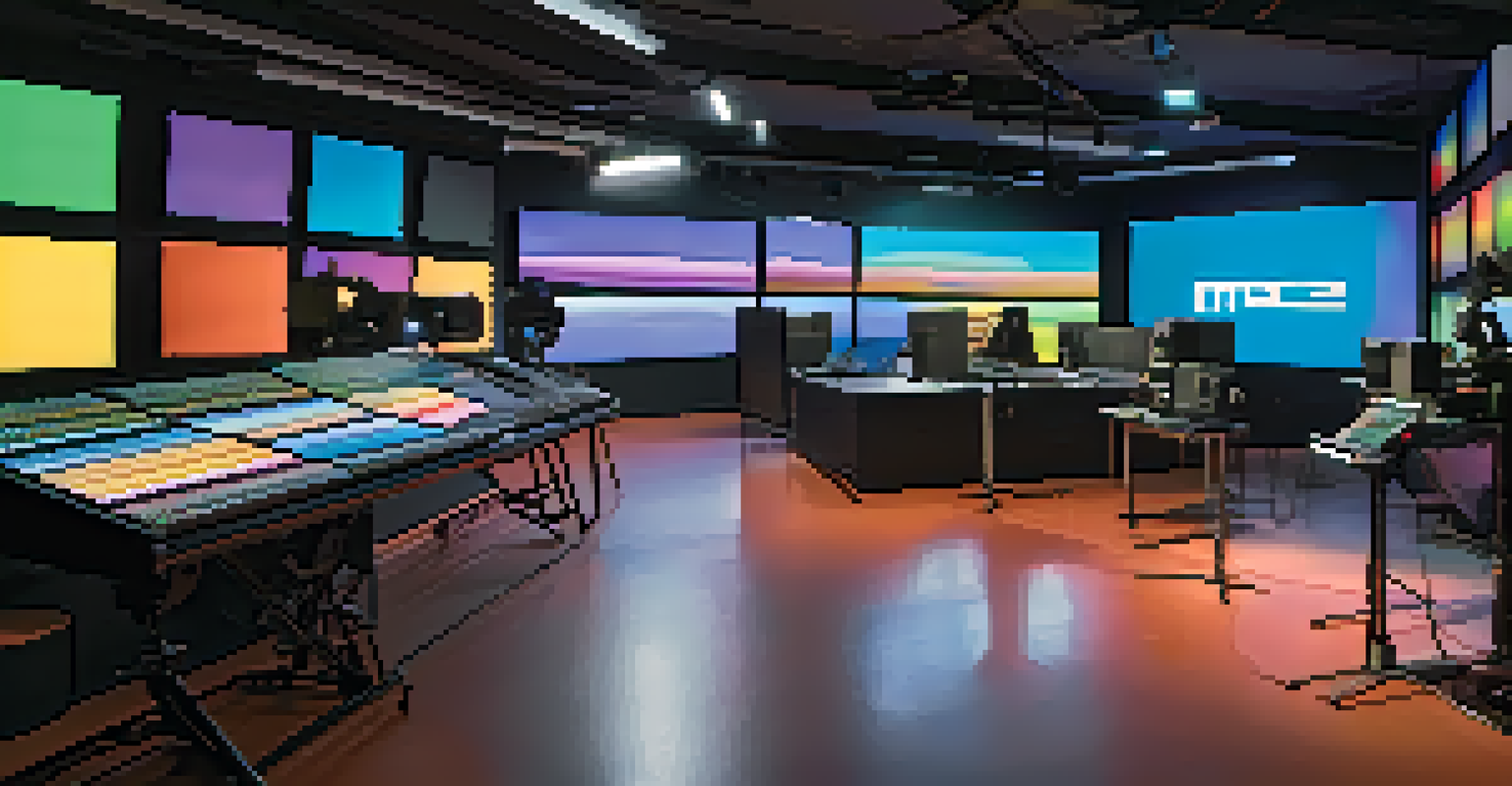 A modern cinematography studio with high-tech cameras and vibrant LED lights, featuring a large screen displaying a colorful film scene.