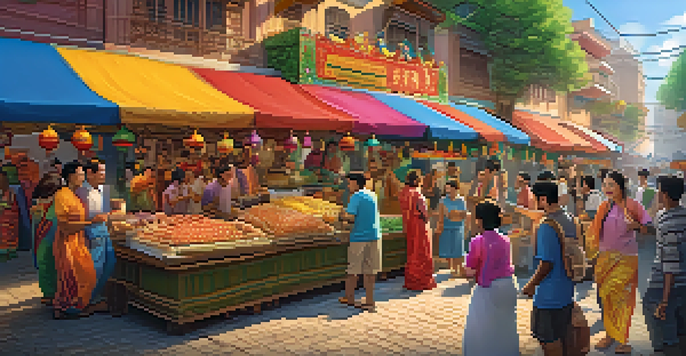 A lively street scene with animated characters celebrating cultural diversity, surrounded by colorful decorations and food stalls.
