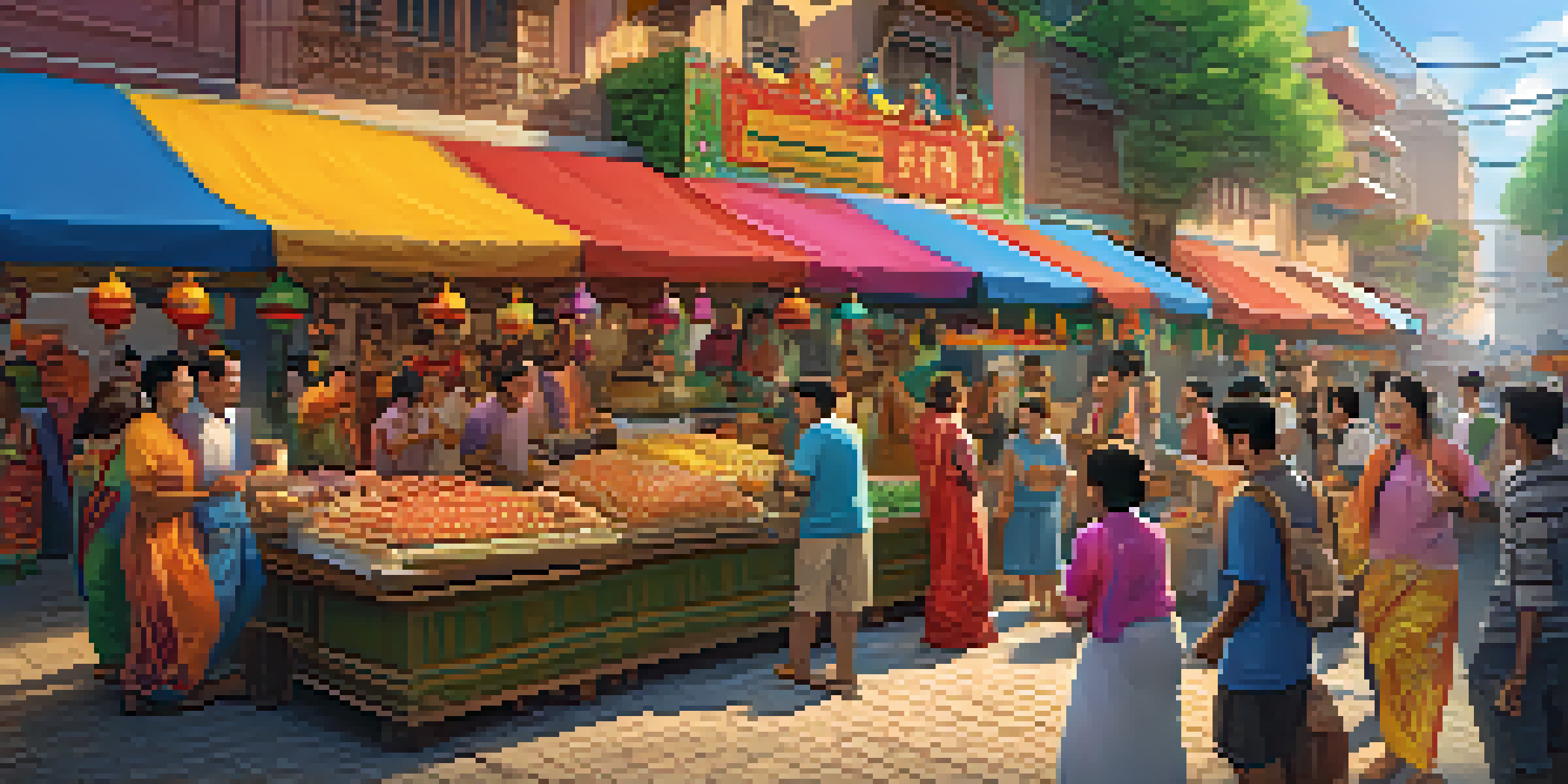 A lively street scene with animated characters celebrating cultural diversity, surrounded by colorful decorations and food stalls.