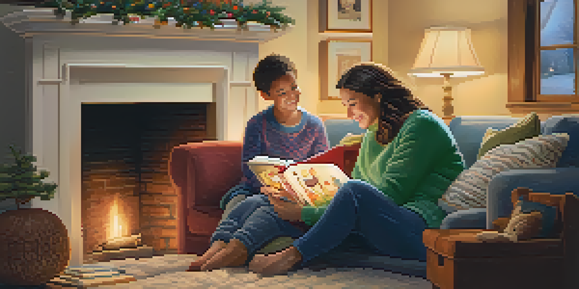 A mother reading a bedtime story to her children in a cozy living room with a warm atmosphere.