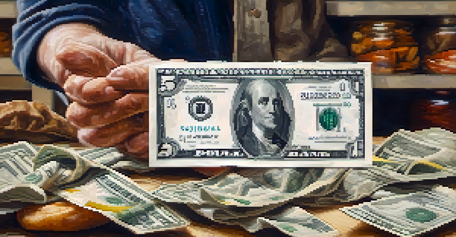A close-up of a weathered hand holding a crumpled dollar bill in a food bank setting.